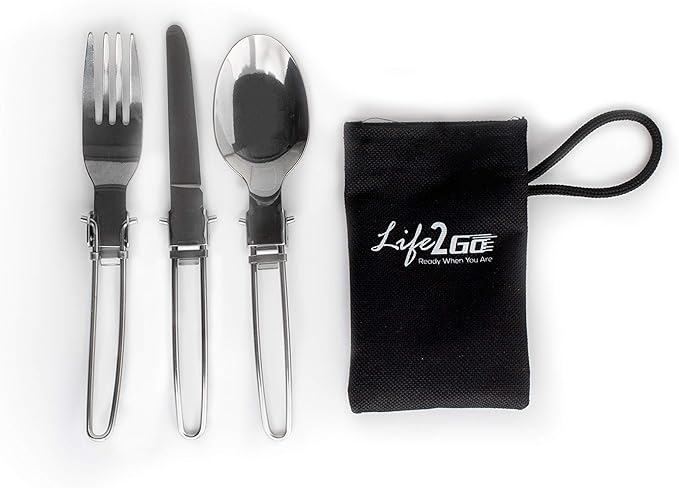 3-Piece Compact Camping Silverware & Utensil Set – Portable Cookware Kit for Hiking, Backpacking, Travel, BBQ & Grilling – Folding Reusable Stainless Steel Knife, Fork & Spoon in Tidy Black Bag