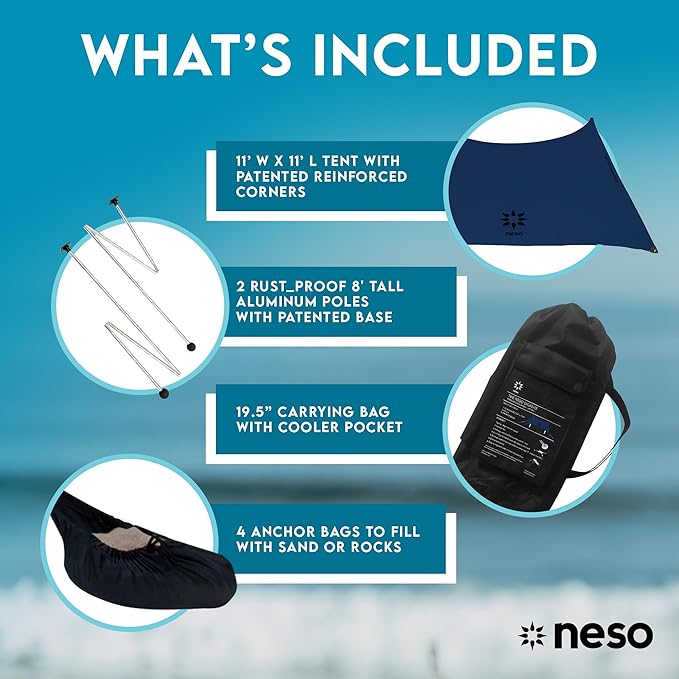 Neso Gigante - Portable Beach Tent - Ideal to Enjoy with Family and Friends - UPF 50+, Water-Resistant, and Lightweight - Navy, 11' x 11'