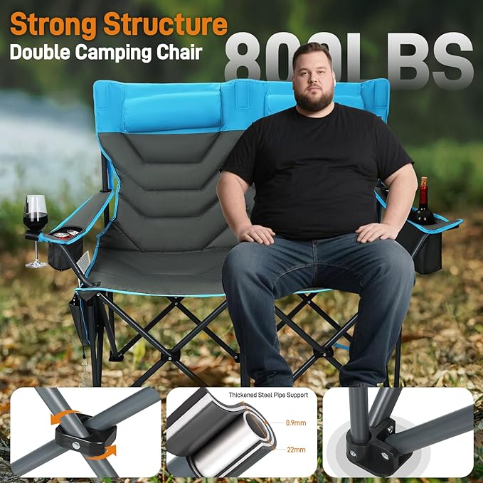 Oversized High-Back Camping Chairs with Pillow, Dual Cup Holders & Cooler Bag - Heavy Duty Foldable Outdoor Chair for Adults4PC (1, BLUEGREY-4PC-SET)
