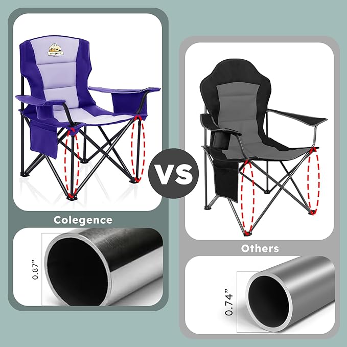 Colegence Heavy Duty Camping Chair for Adults, Oversized Foldable Outside Camp Chairs Carry Bag Included, with Cooler Bag Cup Holder, Side Pocket for Lawn,Sport,Outdoor,Deep Purple