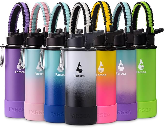 Farsea Insulated Water Bottle With Paracord Handle, Protective Boot and 2 Lids (Straw Lid & Spout Lid), Stainless Steel Water Bottle Wide Mouth, Double Wall Sweat-Proof BPA-Free, 18 oz