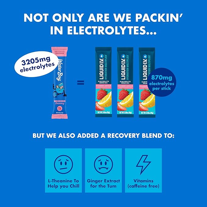 Waterboy Weekend Recovery | 3,200mg Electrolyte Powder Packets | Ginger + L-Theanine + Vitamins | No Sugar, All Natural, Gluten Free | 24 Drink Stick Mixes (Fruit Punch)