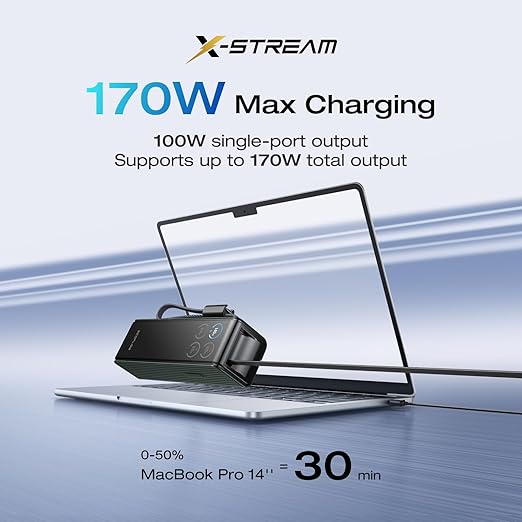 EF ECOFLOW Rapid Power Bank, 25,000mAh, 170W, 100W Built-in and Retractable Cables, Portable Charger with Triple 100W USB-C Port, Compatible with iPhone Series, Samsung, Laptop and More, Green