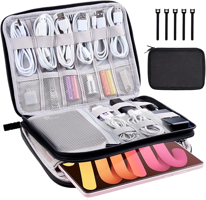 Electronics Organizer Travel Case Cord Cable Charger Organizer Bag Travel Accessories Essentials for Women Men Double Layers Tech Pouch with 5 Cable Ties for Phone Power Bank SD Card USB, Black