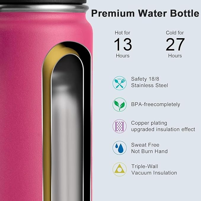 koodee Insulated Water Bottle, 18 oz Stainless Steel Double Wall Vacuum Wide Mouth Sport Bottle with Leakproof Spout Lid (Rose Red)