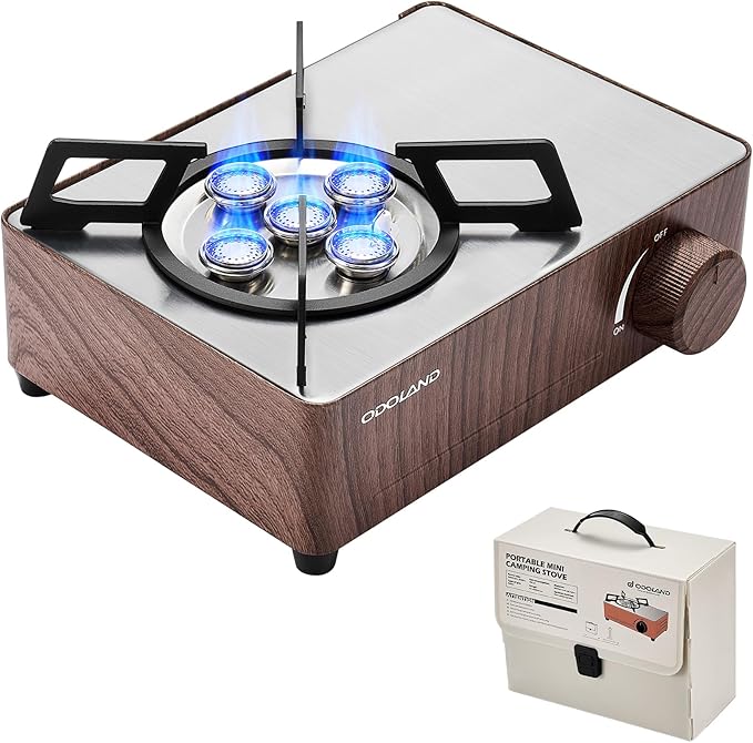 Odoland 7500BTU Camping Butane Stove with Compact Carry Case, CSA Certified Portable Gas Stove for Backpacking,Picnic,Outdoor Adventures,Brown