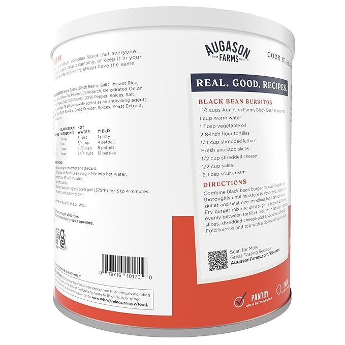 Augason Farms Black Bean Burger Mix Can, Certified Gluten Free, Emergency Food Supply, Everyday Meals, 38 Servings