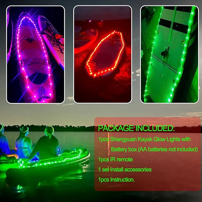 Kayak Glow Lights Kit, LED Glowing Rope Lights for Paddle Boards, Battery Operated Boat Lights with Remote Control, 17 Colors 7 Flashing Modes RGB Color Changing, Kayak Accessories (21ft)