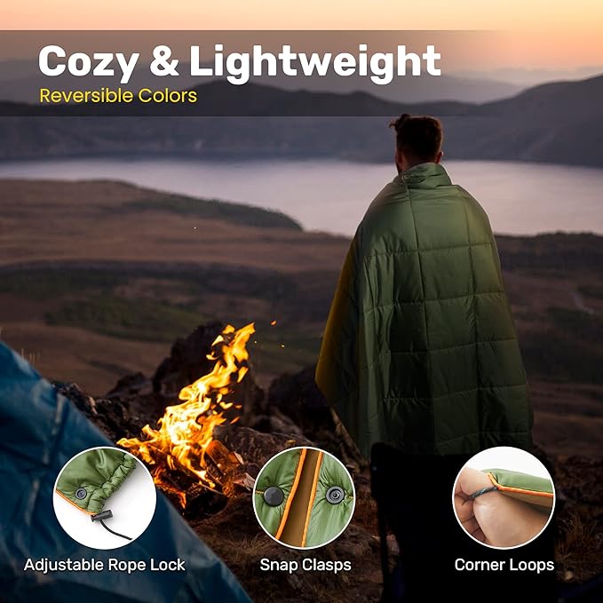 UNIKOME Outdoor Packable Camping Blanket, Lightweight Travel Blanket for Hiking, Camping, Dual-Sides Waterproof Puffy Down Alternative Camping Blanket with Snap Clasps, 75"×52", Army Green&Brown