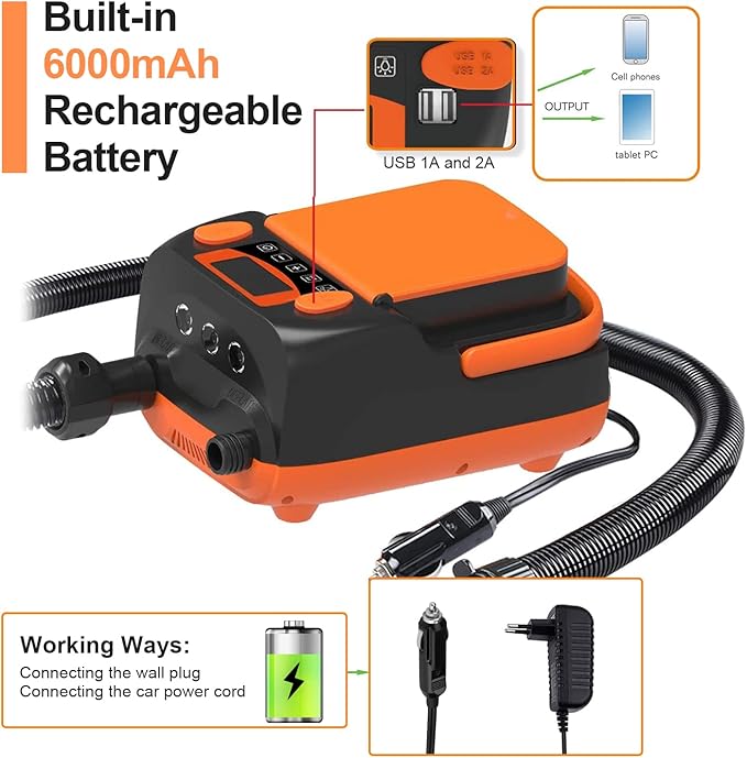 Rechargeable Sup Air Pump Electric Portable, 16PSI 12V with Battery, Stand Up Paddle Board Electric Pump Inflator/Deflator-Portable Air Compressor for Paddle Boards,Boat,Kayak