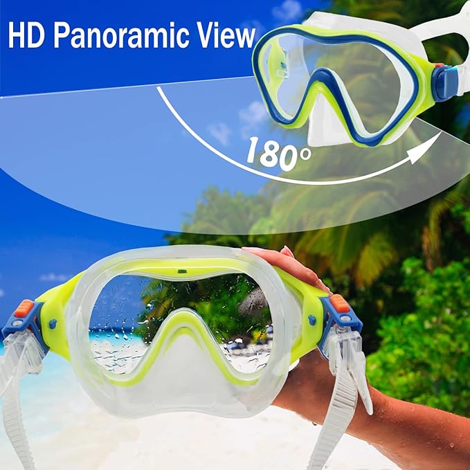 Kids Mask Fins Snorkel Set Snorkeling Packages, with Diving Mask, Snorkel, Adjustable Swim Fins, Mesh Bag, Anti-Fog Anti-Leak Snorkeling Gear for Kids for Snorkeling Swimming Diving