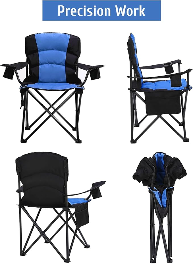 Oversized Camping Chair Folding Heavy Duty Quad Outdoor Large Lawn Chairs Portable Support 400 lbs Padded Thicken Oxford with Armrests, Storage Bag, Cup Holder, Carry Bag for Outside(Blue)