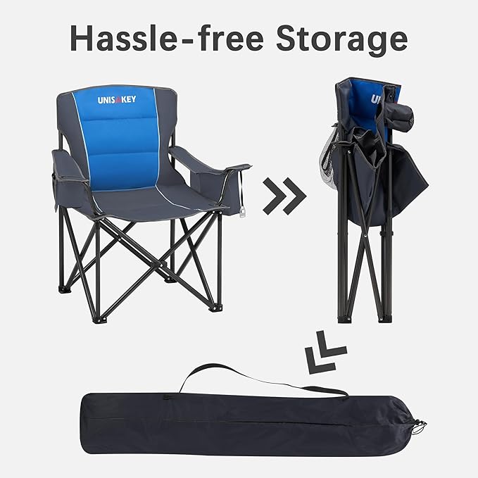 Oversized Folding Camping Chair for Adults - 450lbs Support - Heavy Duty Portable Lawn Chairs with Side Pocket Cup Holder Cooler Bag for Sports Garden Beach Fishing, Blue 2 Pack