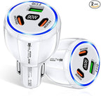 Amiss Car Charger Adapter, 3 Port USB-C & USB-A 90W Fast Charger, Car Interior Accessories, Essential Travel Gifts for Men and Women, Fit for iPhone 17/16/15/14/13Pro Max, Samsung, Android (White 2pc)