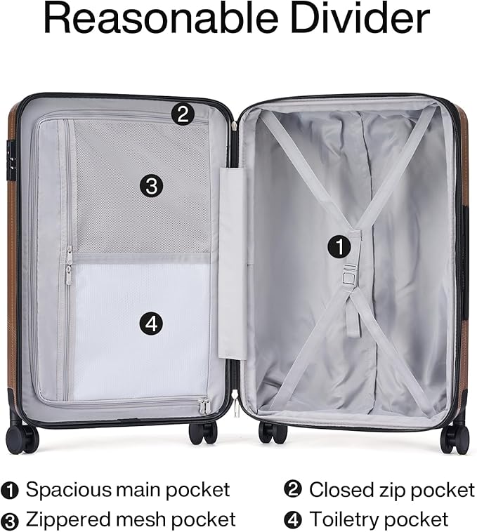 Hanke 20 Inch Expandable Carry on Luggage 22x14x9 Airline Approved Lightweight PC Hard Shell Suitcases with Wheels Tsa Luggage Rolling Suitcase Travel Luggage Bag for Weekender(Brown)