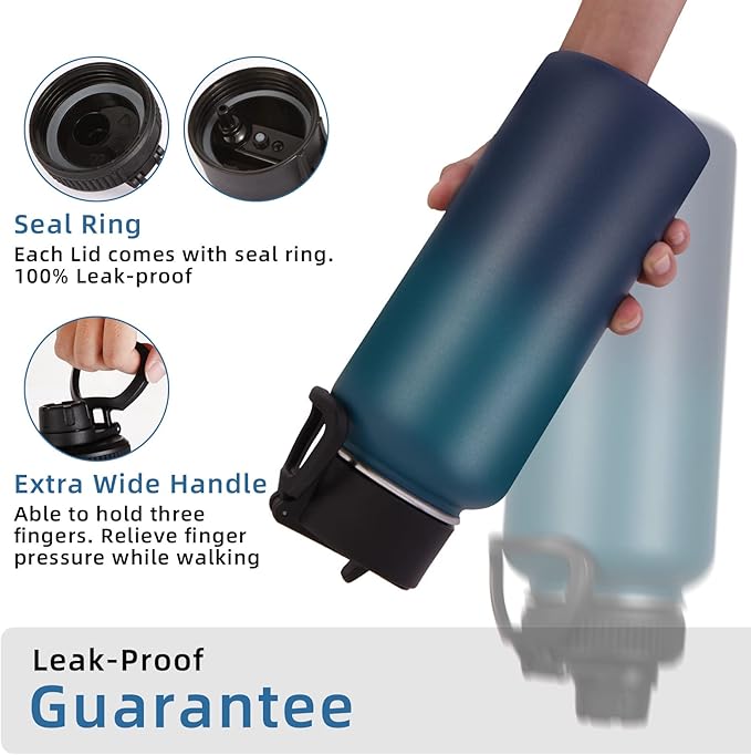 Volhoply 32 oz Insulated Water Bottle with Straw Lid and Spout Lid,Stainless Steel Sports Water Bottle,Double Wall Vacuum Cups,Leakproof Metal Flask with Wide Mouth for Hiking,Camping(Dark Night,1)