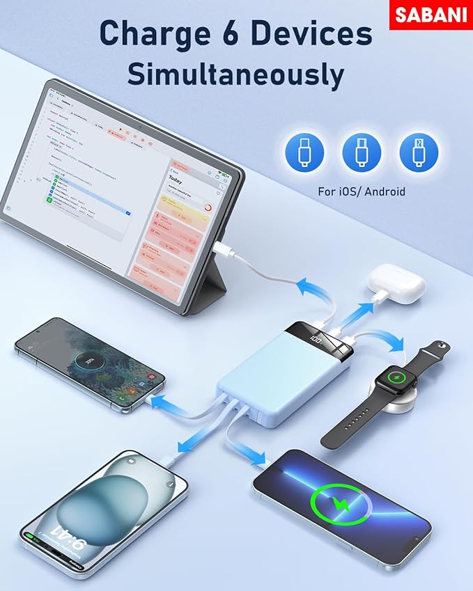 SABANI Portable Charger 35000mAh Power Bank - Portable Battery with 4 Built in Cables, 22.5W Fast Charging Battery Pack Compatible with iPhone 16 15 14 13 Samsung Android Phone etc (1 Pack, Blue)