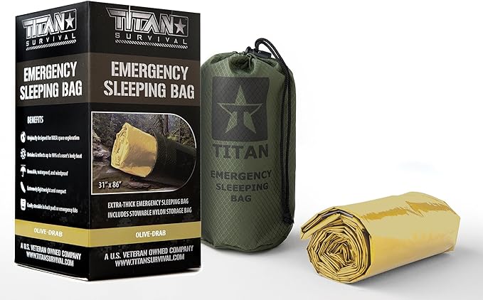 TITANSurvival Emergency Sleeping Bags for Survival 36” x 78” - 90% Heat Retention, 41% Thicker & Waterproof - Durable Survival Sleeping Bag for Cold Weather Camping - Thermal Sleeping Bag Outdoor Use