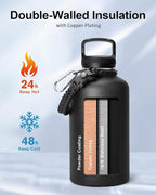 Trebo 64oz Water Bottle Insulated,Large Stainless Steel Water Jug with 3 Lids, Triple Wall Vacuum Sports Thermo bottle Keep Hot 24 Hours & Cold 48 Hours,Wide Mouth Flask,Black