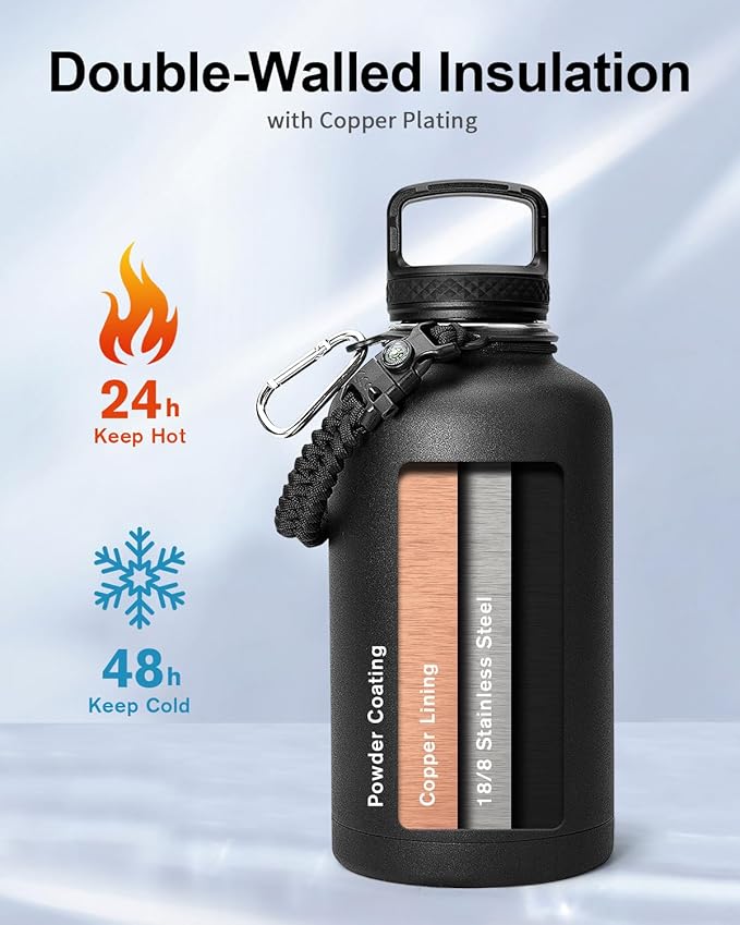 Trebo 64oz Water Bottle Insulated,Large Stainless Steel Water Jug with 3 Lids, Triple Wall Vacuum Sports Thermo bottle Keep Hot 24 Hours & Cold 48 Hours,Wide Mouth Flask,Black