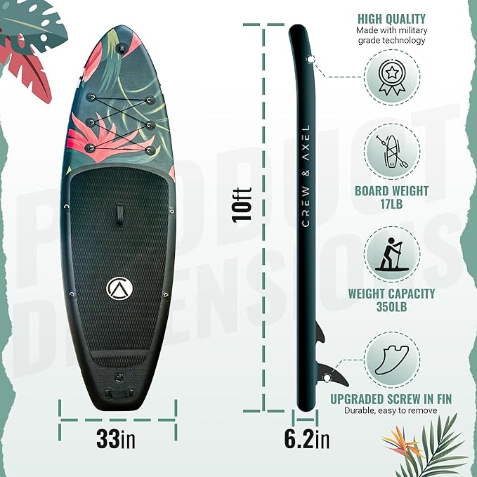 Crew Axel Inflatable Paddle Board 10’33’6” Extra Wide & Lightweight (18lb) Paddle Board – Premium SUP Set Includes 2 Bags, Floating Paddle, Camera Mount, 3 Fins, Dual Pump Kit