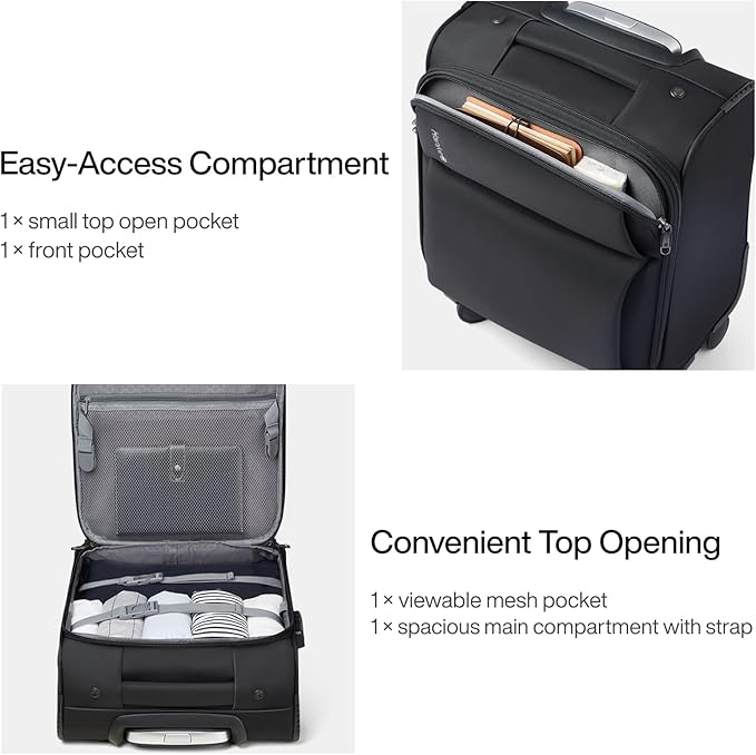 Hanke Underseat Carry On Luggage with Wheels, Spinner Small Suitcase, 16-Inch Rolling Under Seat Luggage, Softside Lightweight Carry On Bag for Airplane TSA Travel Personal Item, Black