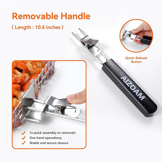 Grill Basket - Grill Baskets for Outdoor Grill, Stainless Steel Large Grilling Basket w Removable Handle, Portable Fish Grilling Rack for Grill Ideal Meat Fish Vegetables Grilling Accessories