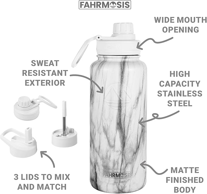 40 Oz Water Bottle with Straw Stainless Steel Sports Water Bottle with 3 Lids (Straw, Chug and Flip Lid) Insulated Leak Proof Metal Jug for Men & Women - White Marble