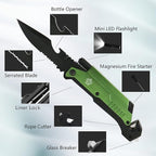 8.5" Military Outdoor Hunting Camping Pocket Knife, 7 in 1 Multi-Function Folding Knives with Fire Starter LED Light Seatbelt Cutter Glass Breaker Bottle Opener Tactical Blade (Green)