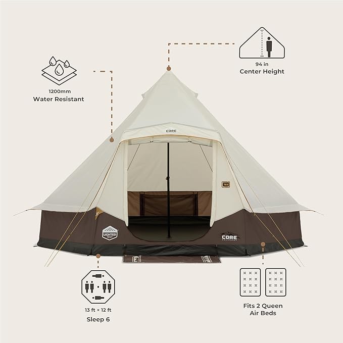 CORE 6 Person Bell Tent with LED Lights | Spacious Family Lighted Tent with Carry Bag for Camping, Glamping, and Backyard Adventures
