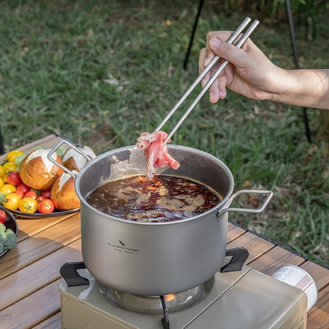 iBasingo 1.2L+1.8L+2.4L Titanium Pots Set with Lid Camping Cookware with Foldable Handle Portable Lightweight Cooking Kit Outdoor Kitchen Cooking Kit for Backpacking Hiking Picnic Fishing Ti2109C