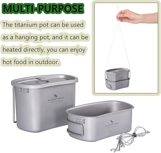 Boundless Voyage 1100ml Titanium Military Canteen & 750ml+400ml Mess Kit Set Ultralight Camping Bottle and Cookware with Folding Handle, Hanging Rope for Outdoor Cooking, Hiking, Backpacking Ti2049C