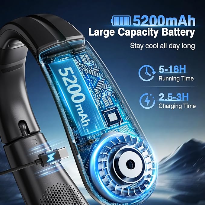 ChillGo Portable Neck Fan - 8400 RPM Enlarged Turbo Airflow - 5200mAh Personal Rechargeable Cooling Wearable Fan - Max 16H, 4 Speeds, Foldable, LED Display - Great Gifts for Men Women - 2nd Gen Black