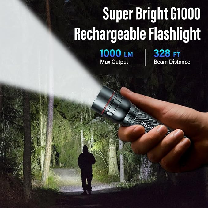 Rechargeable Flashlights High Lumens, G1000 Super Bright Flash Light Grey, Small Zoomable LED Flashlight with 3 Lighting Modes, Portable Tactical Flashlight for Camping Essentials (Battery Included)
