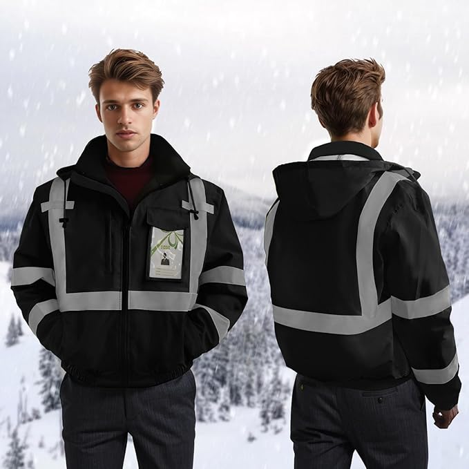 High Visibility Safety Jackets, Construction Coats with Pockets for Men& Women, Rain Jacket for Winter Cold Weather, Waterproof High Vis Rain Coat, Class 3, Black Standard, 3XL