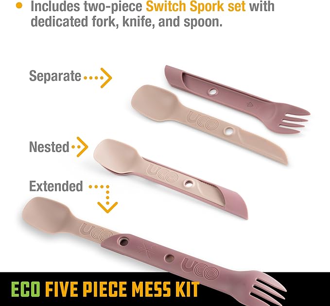 UCO Recycled ECO 5-Piece Camping Mess Kit with Bowl, Plate, Switch Spork Utensil Set