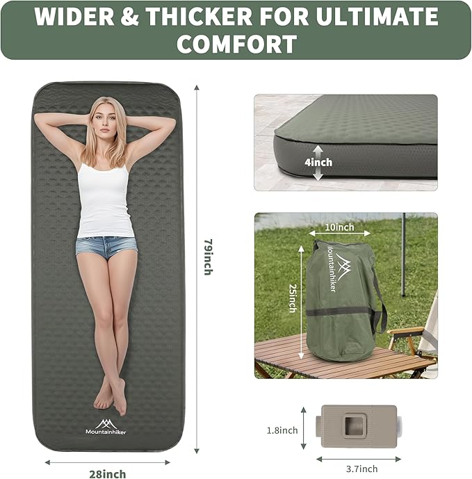 Self Inflating Sleeping Pad with Electric Pump, 4" Ultra-Thick Memory Foam Camping Pad, 40s Fast Inflating Camping Mattress Pad, 4-Season Insulated Camp Sleeping Mat for Outdoor/Travel/Tent (Single)