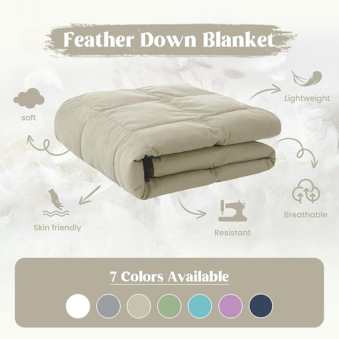 puredown® Queen Size Blanket for Bed, Ultra Soft Lightweight Down & Feather Fill, All Season Microfiber Blanket, Machine Washable, 88"X90", Beige