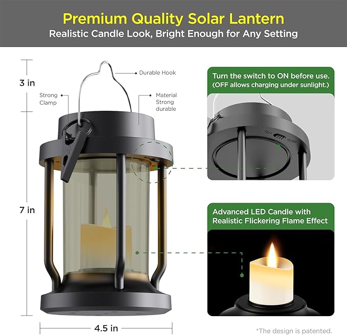 Solar Lantern Outdoor & Indoor Use – Hanging Solar Lights with Realistic Flickering Flameless Candle, Weatherproof for Gardens, Patios, Trees, and Lawns (Black + Gray, 2 Pack)