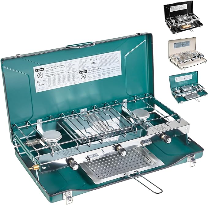 Camping Stove, 3 Burners Propane Portable Camp Stove with Regulator, Push-Button Instant Ignition, Adjustable Burners & Wind Guards for Car BBQ Picnics Outdoor Cooking (GREEN-20400 BTUs)