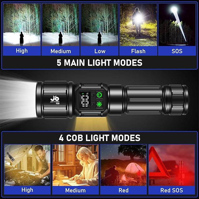 JAY-PARK Flashlights High Lumens, Rechargeable Flashlight 10000 Lumens with Magnetic, Bright Flash Light 9 Modes with 5000 mAh Battery, Tactical Flashlight for Camping, Hiking, Dog Walking