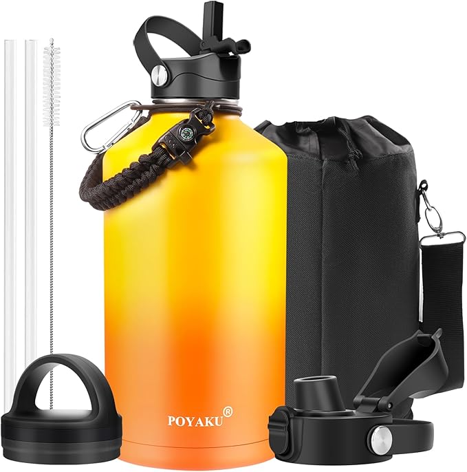 Water Bottle Insulated 32oz 40oz 64oz 128oz Straw Lid Spout Lid & 3 Lids, Leak Proof, Vacuum Insulated,Stainless Steel Water Bottle Wide Mouth for Sports, Gym or Office