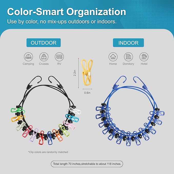 2 Pack Retractable Portable Clothesline, Windproof Clothes Line for Outdoor Camping, Travel, Laundry Drying with 12 Clips for Cruise, Hotel & Home-Sapphire Blue & Colorful