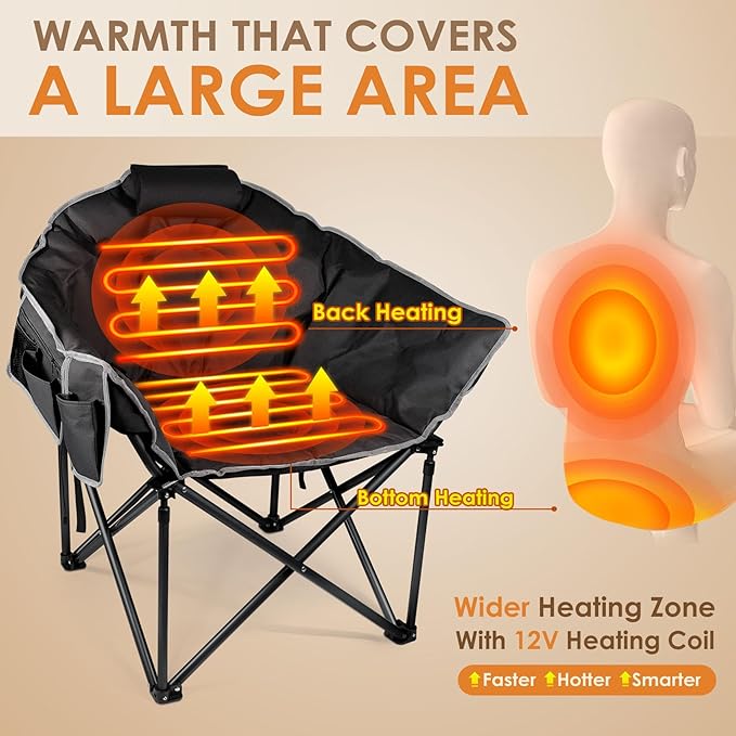 Suteck Oversized Heated Camping Chair - Fully Thicker Padded Heated Chairs for Outdoor Sports W/3 Heat Levels for Back & Seat, Heated Folding Chair for Adults with Carry Bag- Battery NOT Included