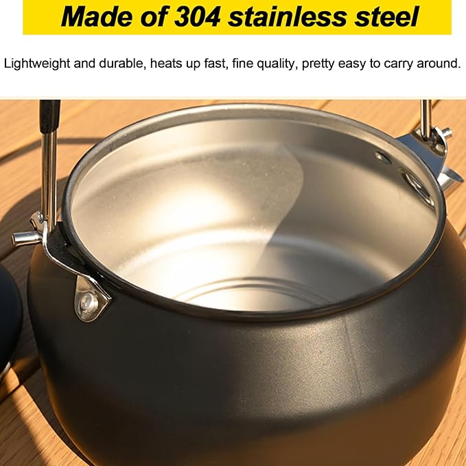 Camping Kettle Outdoor Campfire Camp Kettle, 1L Stainless Steel Camp Tea Coffee Pot, Portable Lightweight Teapot Fast Heating Boiling Water, Ideal for Hiking Picnic Travel, Black