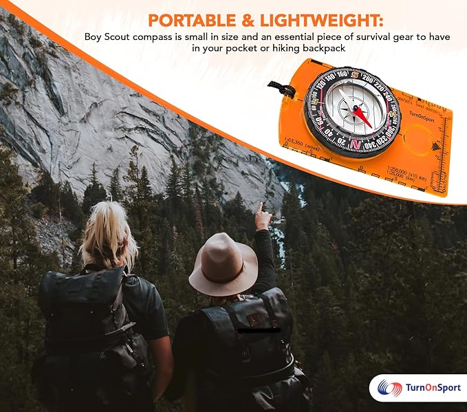 TurnOnSport Orienteering Compass - Advanced Scout Compass for Hiking, Camping, and Backpacking - Best Survival Gifts for Kids
