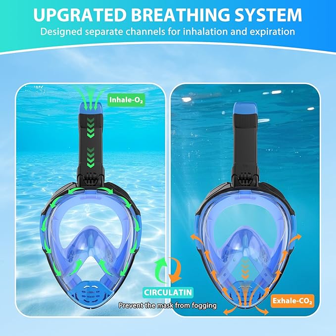 Snorkeling Gear for Adults, Full Face Snorkel Mask, Scuba Diving Mask with Detachable Camera Mount, 180 Degree Panoramic View Anti-Leak Anti-Fog