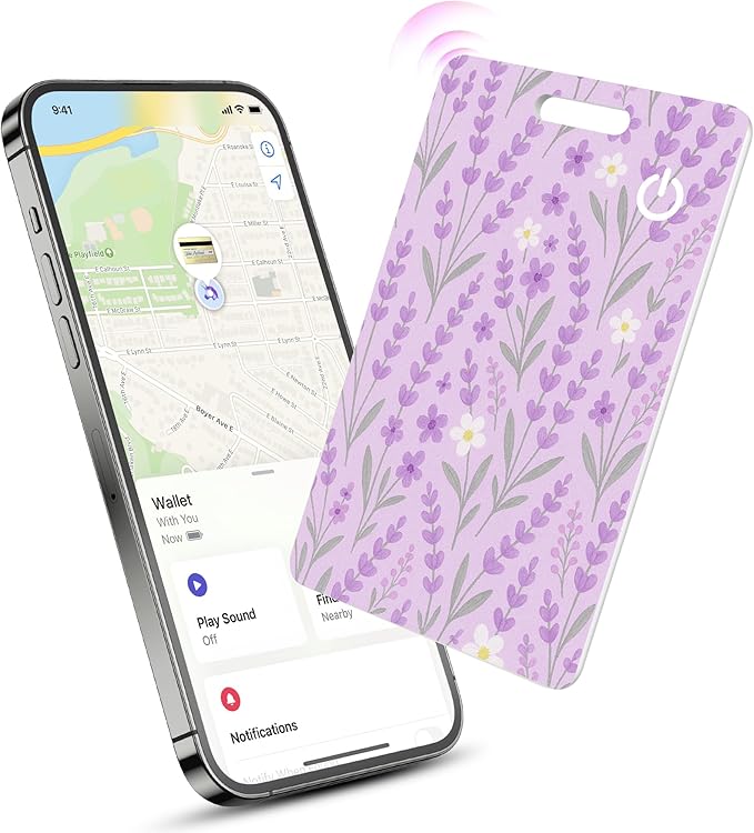 Wallet Tracker Card (iOS Only), Rechargeable Bluetooth Smart Tracking for Apple Find My Compatible Anti Tracker for Men Women Slim Item Locator for Purse Passport Key Luggage Tag (1Pcs/Purple FLR)