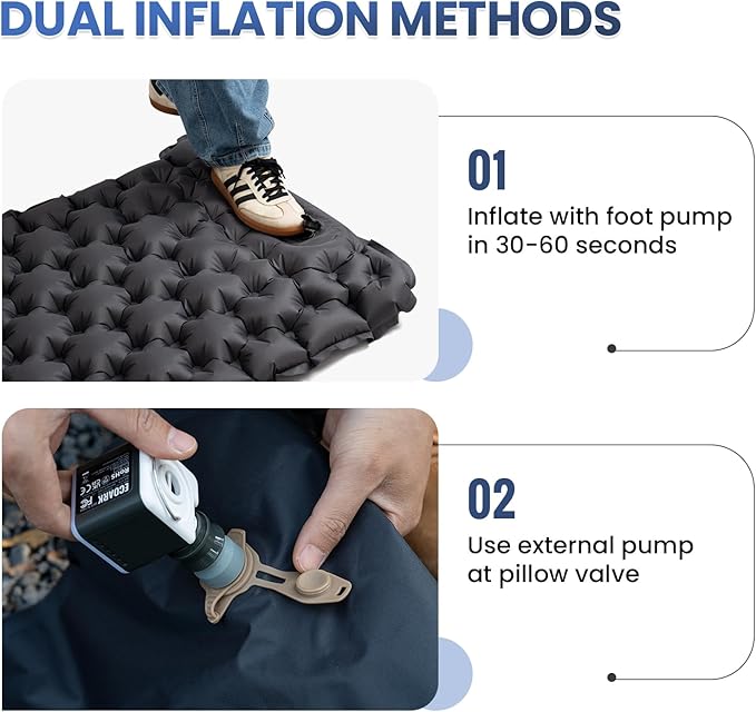 ONETIGRIS Blackcrystal Sleeping Pad, Ultralight Camping Sleeping Pad with Pillow Built-in Foot Pump Inflatable Sleeping Mat Compact for Camping Backpacking Hiking Traveling Tent