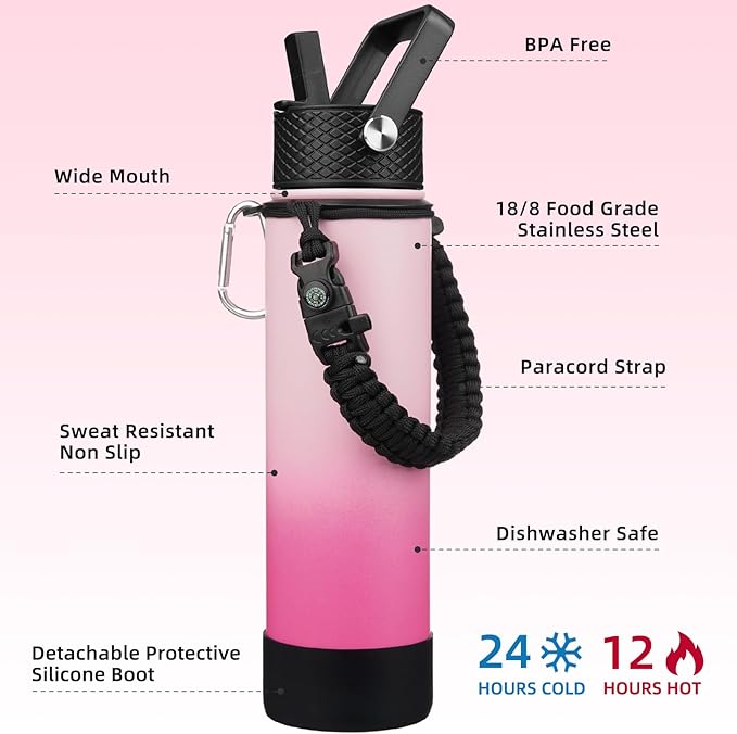 BJPKPK 27oz Insulated Water Bottles with 3 Lids, Paracord Handle & Non-slip Boot, Stainless Steel Metal Water Bottle with Straw, BPA Free Leak Proof Thermo, Tumblers,Cherry